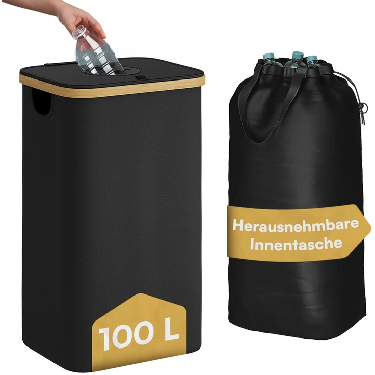 Bellamio 'Tolt' Pfandflaschen Sammelbehälter aus Stoff mit Bambus, herausnehmbare Innentasche mit Griffen, mit Deckel, 100L, waschbar & tropfsicher, schwarz – Bild 1