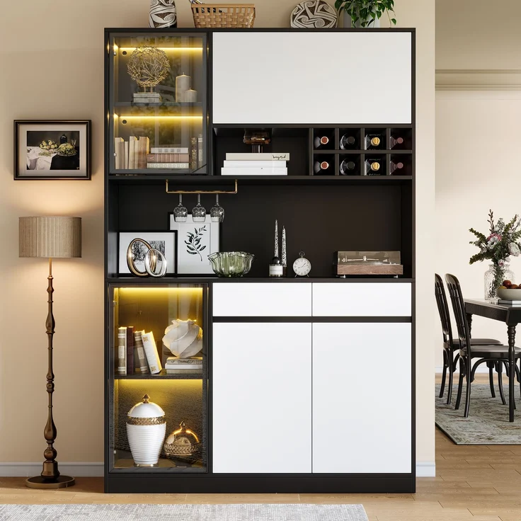 Mehrzweck Hochschrank mit LED Beleuchtung, Vitrine, Sideboard Schrank, Aufbewahrungsschrank mit Türen und Schubladen, modernes Wohnzimmerschrank Möbel für Küche, Esszimmer und Büro--Schwarz, Weiß--120x35x180cm--YOUDENOVA – Bild 3