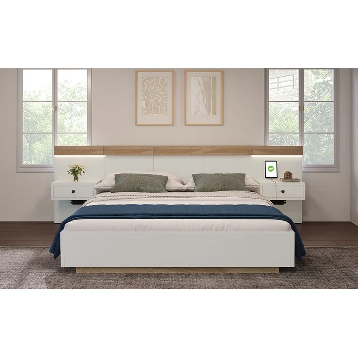 Doppelbett aus Holzwerkstoff mit LED-Nachttischen & USB-Anschluss, 180x200 cm, Eiche/Weiß, ohne Matratze – Bild 7