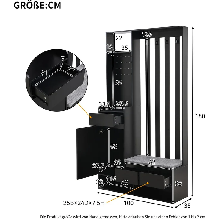 Merax 180cm Flurgarderobe, mit gepolsterter Aufbewahrungsbank, multifunktionaler Flur-Schuhschrank mit Stecktafel, moderne Garderobe mit 4 Haken, Schwarz – Bild 4