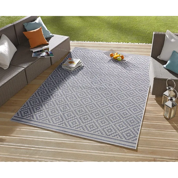 NORTHRUGS In- und Outdoor Teppich Raute 240x340 cm - Wetterfest Modern Geometrisches Raute Muster Design Teppich für Balkon Terrasse Garten Wintergarten Wohnzimmerteppich Wasserfest in Blau Creme