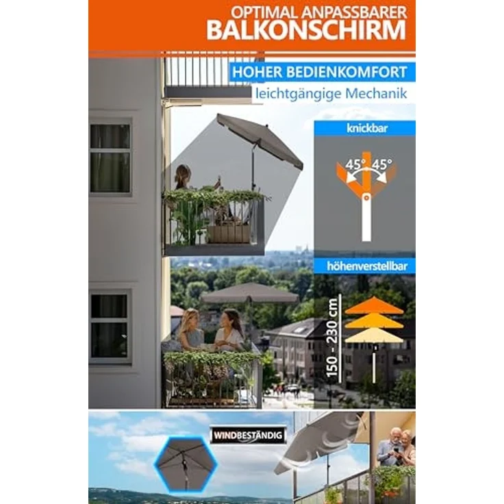 4smile Sonnenschirm Balkon SunnyShade, 200x125 cm, Taupe - UPF 50+ Sonnenschirm rechteckig als Sonnenschutz Balkon - SunnyEasy Balkon-Schirm mit 2 x Sonnenschirmhalter + Sonnenschirmhülle – Bild 6
