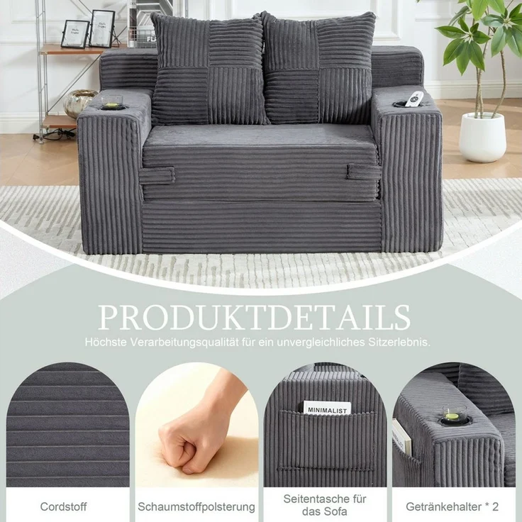 i@home 2-Sitzer Cordstoff Doppelsofa 133cm, 2-Sitzer Sofa ohne Montage, Relaxsofa, Set 1 Teile, rahmenloser Design mit Rückenlehne, großes Sitz,151 x 133 x 64 cm, grau – Bild 2