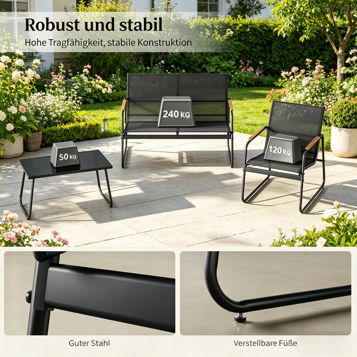 Balkonmöbel-Set 4-teilig mit Tisch 75 x 45 x 41,5 cm – Zweisitzer, 2 Sessel und Glastisch – Bild 5