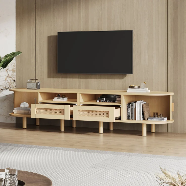 TV-Schrank 170 cm Ovale TV-Bank mit Rattanoptik Schubladen Schiebetüren Lowboard Holzlook Wohnzimmer Kompakter Retro-Stil 8 Beine – Bild 6