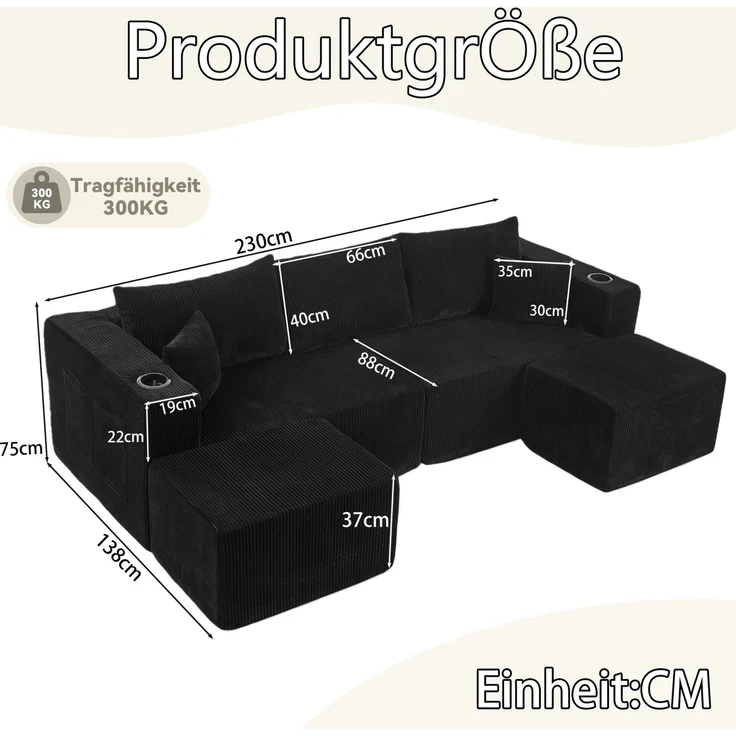3-Sitzer Ecksofa aus Cordstoff mit beweglichen Ottomanen, Getränkehaltern und Seitentaschen, 230×138×75 cm, Schwarz – Bild 6