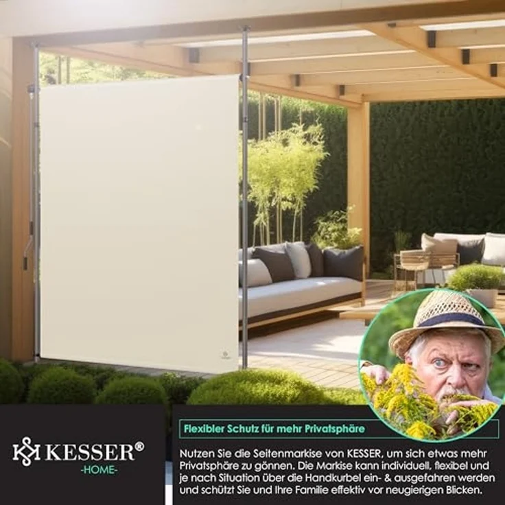 KESSER® Klemmmarkise Senkrechtmarkise außen Ausziehbar & Blickdicht | Vertikalmarkise mit Handkurbel ohne Bohren | Balkon-Sichtschutz & Windschutz für Garten & Terrasse Wasserfest Beige, 100 x 310 cm – Bild 5