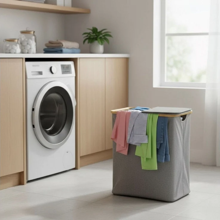 HAC24 Wäschesortierer Faltbarer Wäschekorb Wäschebox Wäschesammler für Bad & Schlafzimmer (1 St), 90L – 2-Fächer mit Deckel 53,5 x 33 x 56 cm aus Bambus & Polyester – Bild 2