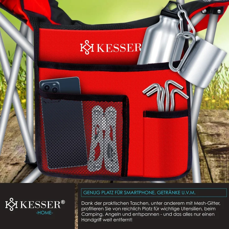 KESSER® Campingstuhl faltbar bis 150 kg Angelstuhl Faltstuhl Klappstuhl Gepolstert mit Armlehnen, Getränkehalter + Tasche mit hoher Rückenlehne, Strandstuhl, Klapphocker Rot / Schwarz – Bild 3