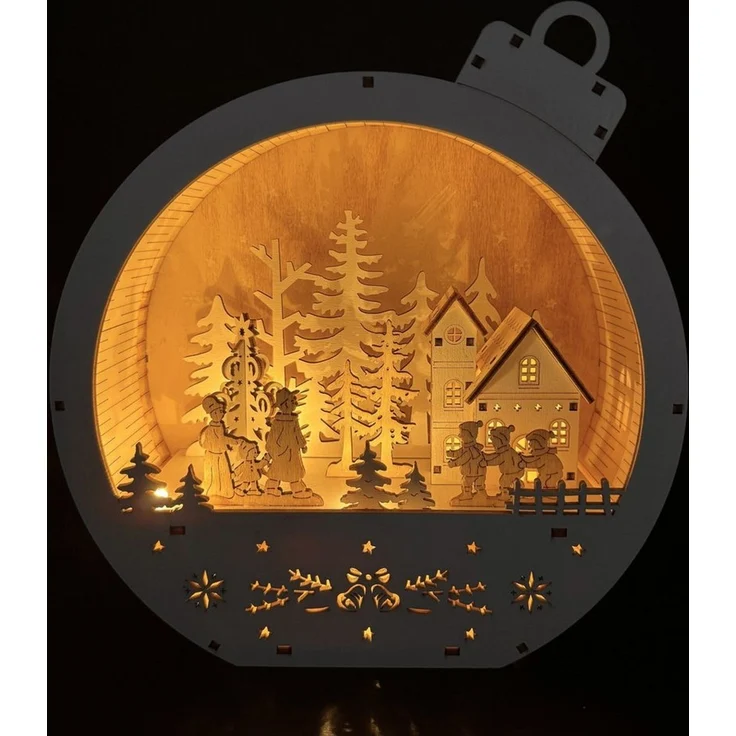 Online-Fuchs Weihnachtsdorf in einer großen Weihnachtskugel aus Holz mit LED-Beleuchtung - Deko, inklusive praktischer 6-Stunden Timerfunktion – Bild 4