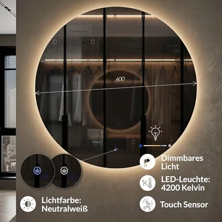 Planetmöbel Dekospiegel NOVA, runder Wandspiegel mit LED-Beleuchtung, Touch-Funktion, dimmbar, 60 cm, 4200K – Bild 4