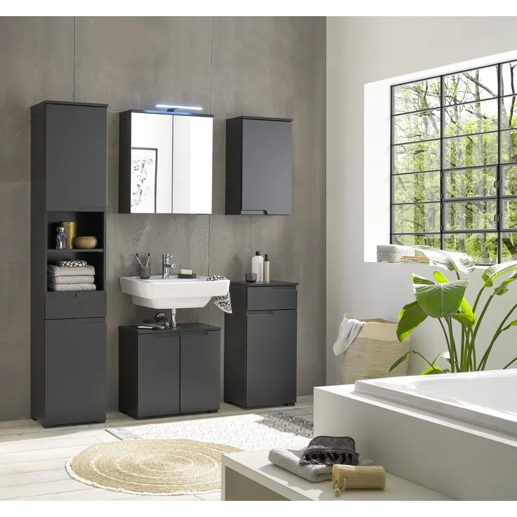 Badezimmer-Set "Spice" schwarz matt (5tlg.) mit Hochschrank, Waschbeckenunterschrank, Spiegelschrank, Kommode und Hängeschrank - 170 x 191 x 32 cm (B/H/T)