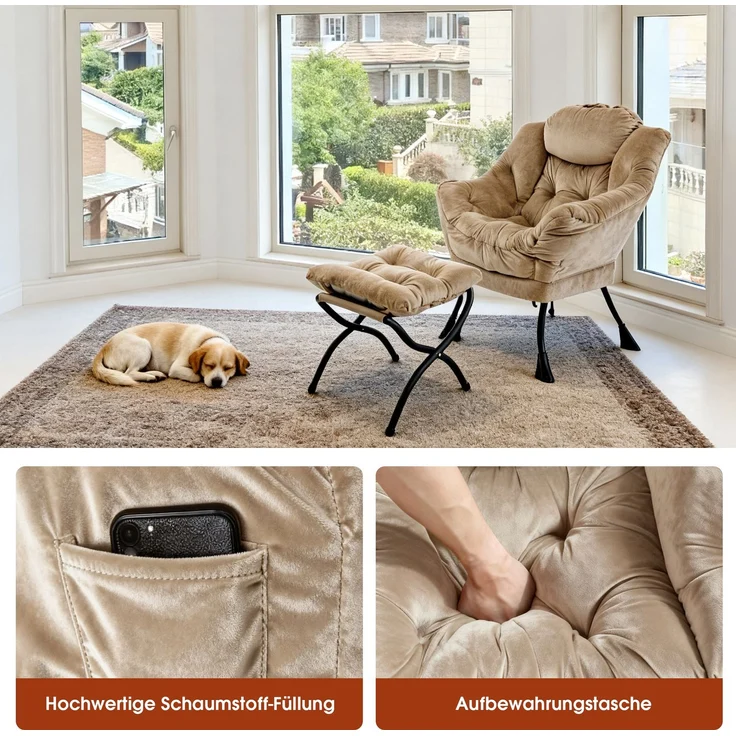 Loungesessel Set mit Hocker, Polyester Bezug, Metallgestell, bis 150kg, ergonomisch, klappbar, für Wohnzimmer Garten,khaki – Bild 4