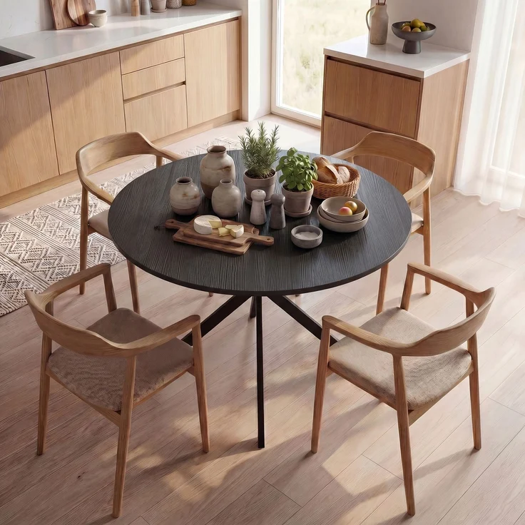 Runder Esstisch für 4 Personen, Küchentisch im Industriestil mit Stahlbeinen, für Esszimmer, Küche, Schwarz--Schwarz--75x100x100cm--CHENHAONING – Bild 3