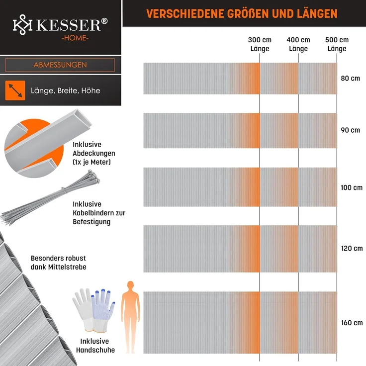 KESSER® PVC Sichtschutzmatte Sichtschutzzaun 160x500 cm | Balkonverkleidung Windschutz | verstärkte Lamellen für Garten Balkon & Terrasse | Balkonumrandung inkl. Kabelbindern & Abdeckung Hellgrau – Bild 7