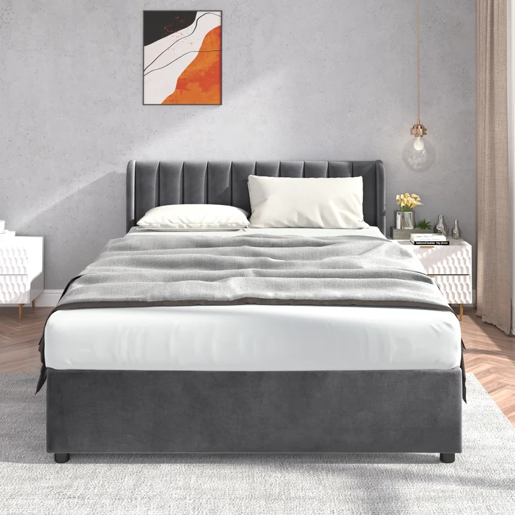 Polsterbett, Samt mit Kopfteil, 2 Schubladen & Lattenrost, 160x200 cm, grau, ohne Matratze – Bild 2