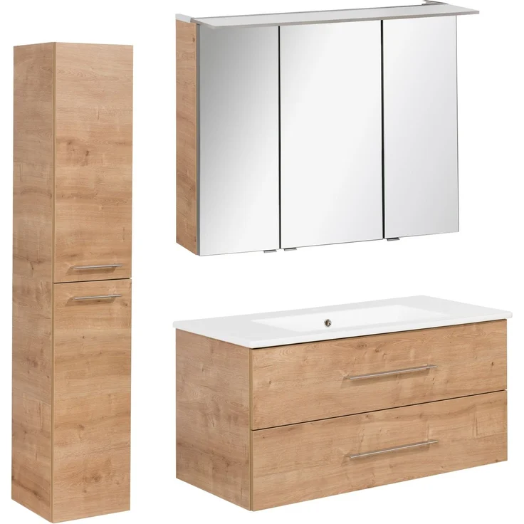 FACKELMANN B.PERFEKT Badmöbel Set 4-teilig 103 cm breit, Braun hell, Waschbecken Keramik Weiß + LED Spiegelschrank + Hochschrank – Bild 1