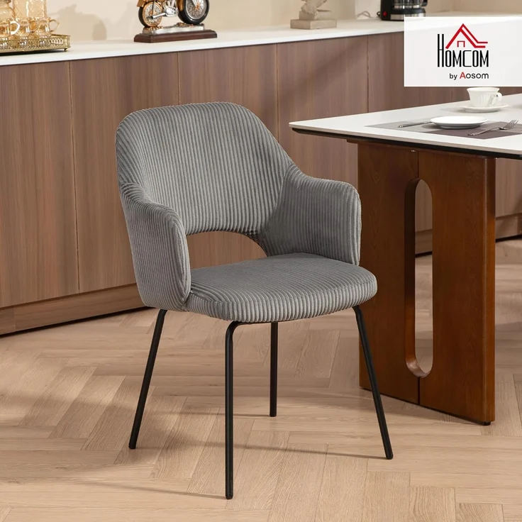 HOMCOM Esszimmerstuhl mit Armlehne, Rückenlehne, gepolsterte Sitzfäche, Stahlbeinen (Küchenstuhl, 1 St), bis 120 kg belastbar, für Küche, Esszimmer, Wohnzimmer, Grau – Bild 2