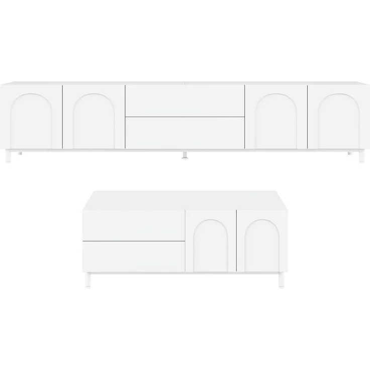 Wohnzimmer Set aus TV-Schrank + Couchtisch, Möbelset mit bogenförmigen Türen, Korpus aus Spanplatte+MDF, Möbel mit Stahlrohrfüßen, Stauraum Kombination für Wohnzimmer--Weiß--180x40x48cm--YOUDENOVA – Bild 8