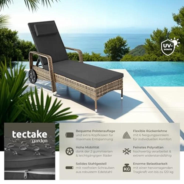 tectake Gartenliege Rattan Sonnenliege, 1, 1 St, 1tlg, widerstandsfähig – Bild 4