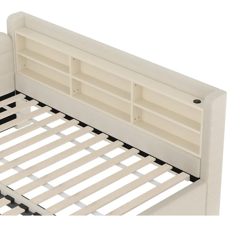 Stauraumbett mit Lattenrost, Regal, USB und Type-C Anschluss, 90x200cm/180x200cm, Liegefläche erweiterbar, Einzelbett, Polsterbett, Leinen – Bild 10