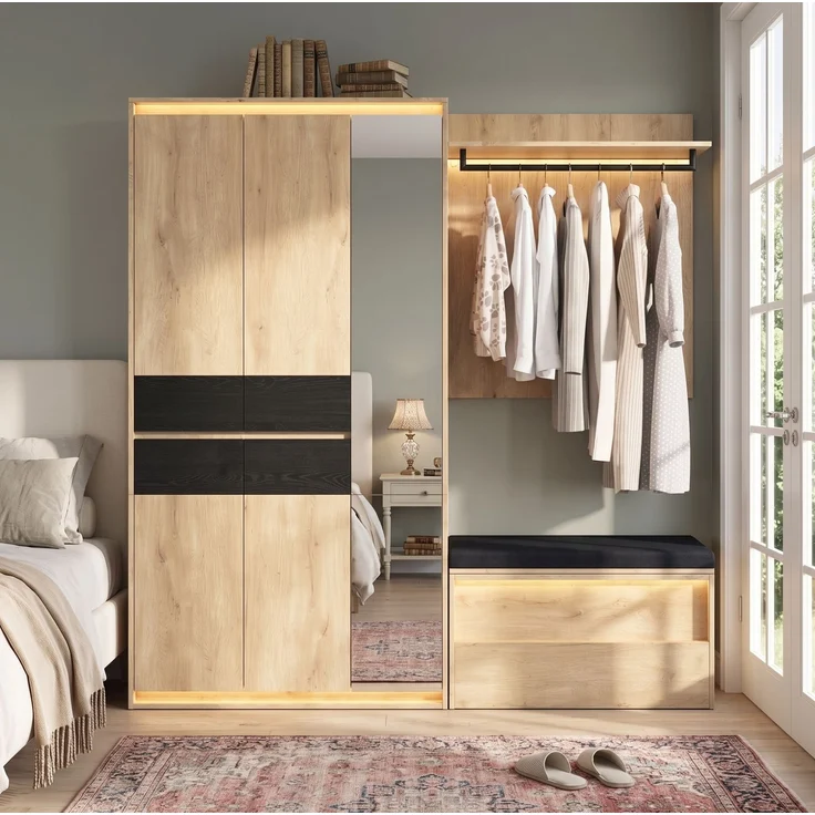 Garderoben-Set aus MDF mit LED-Beleuchtung, Spiegel und Sitzbank, 200x47x200 cm, Eiche – Bild 2