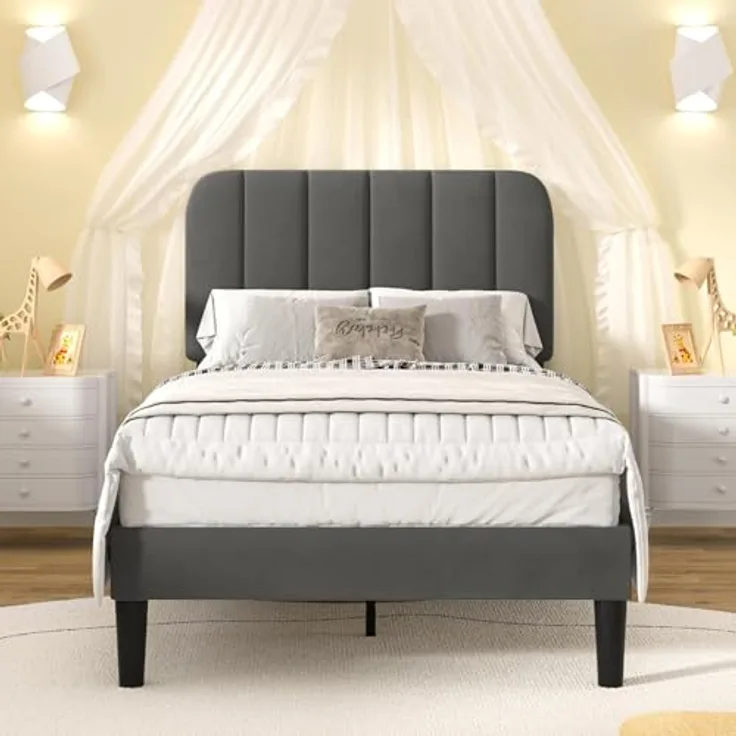 VECELO Polsterbett 90x200 cm mit Lattenrost Rückenlehne, Hautfreundlicher Samtstoff, Bett Einzelbett Jugendbett(Ohne Matratze), Legierter Stahl, Grau