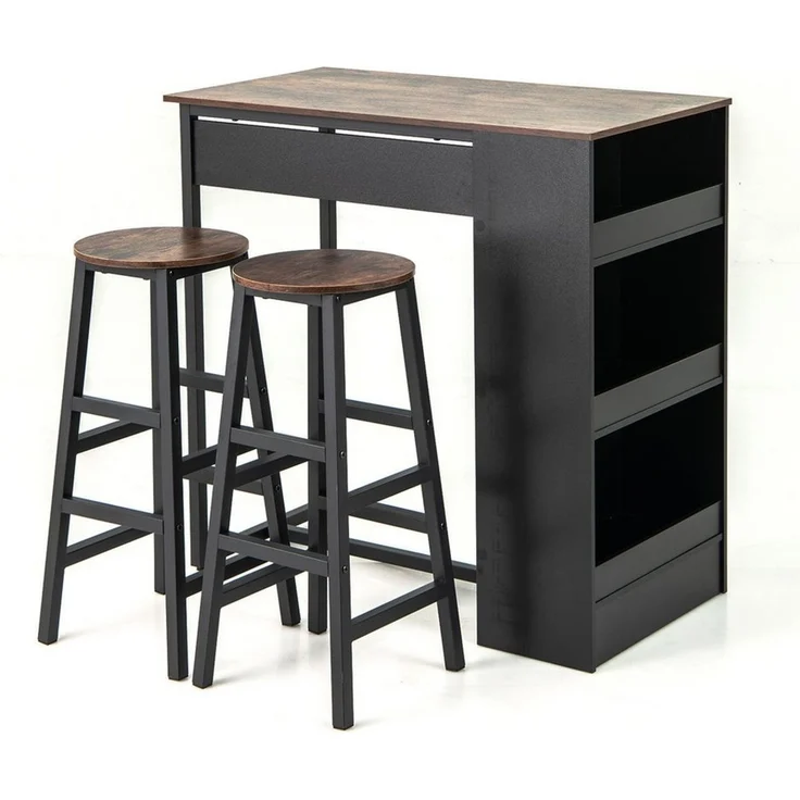 COSTWAY Bartisch (3-St), mit 2 Barhocker Set, 2 Personen, mit Stauraum