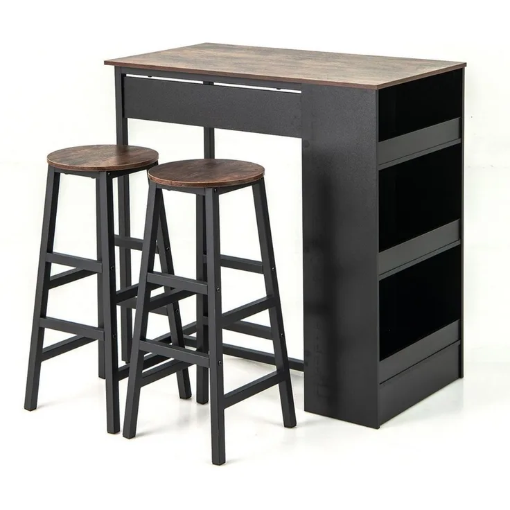 COSTWAY Bartisch (3-St), mit 2 Barhocker Set, 2 Personen, mit Stauraum