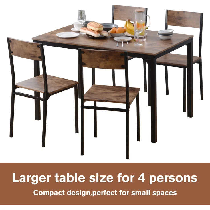 Esstisch 108x65x75 cm mit 4 Stühlen, Braun, Spanplatte/MDF mit PVC-Oberfläche und pulverbeschichtetem Metalllgestell – Bild 5