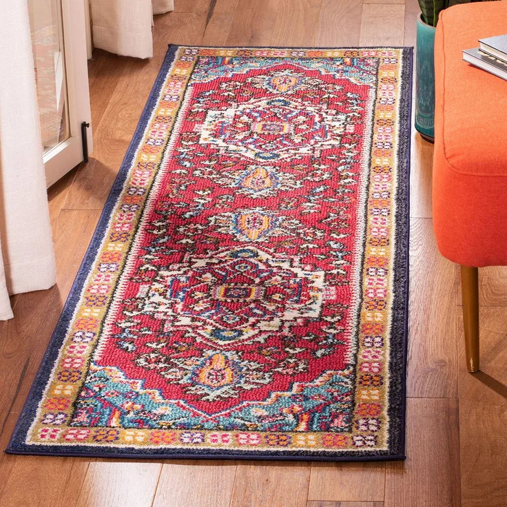SAFAVIEH Boho Teppich für Wohnzimmer, Esszimmer, Schlafzimmer - Monaco Collection, Kurzer Flor, Rot und Türkis, 76 X 183 cm