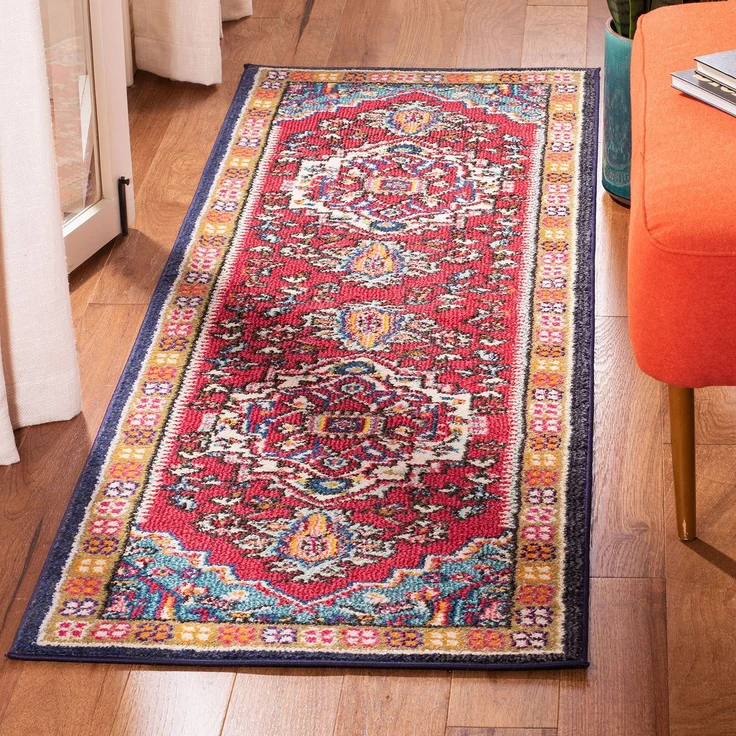 SAFAVIEH Boho Teppich für Wohnzimmer, Esszimmer, Schlafzimmer - Monaco Collection, Kurzer Flor, Rot und Türkis, 76 X 183 cm