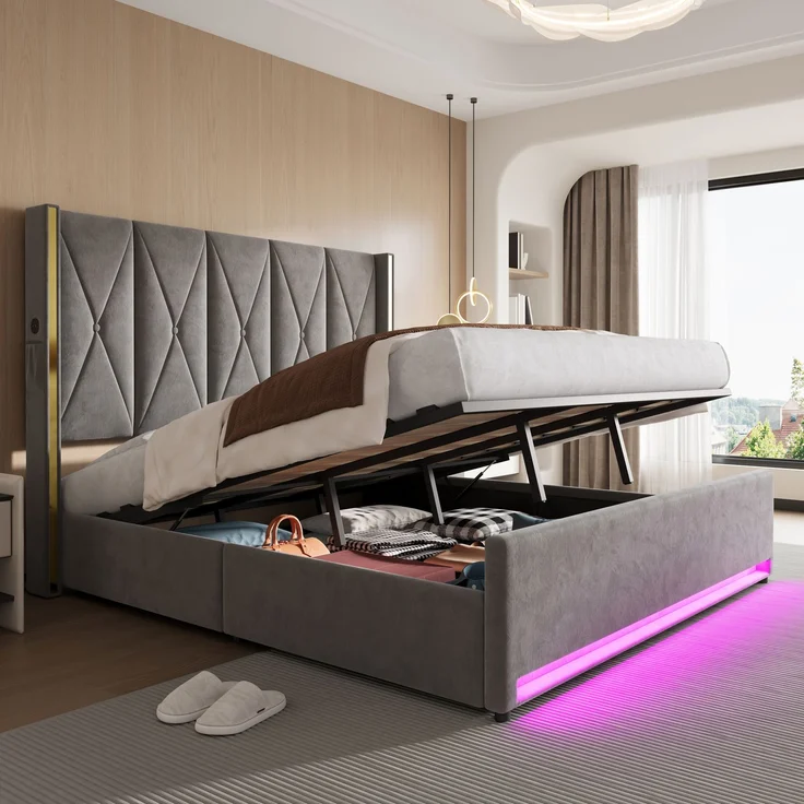 TavilaEcon Boxspringbett Veloursbett mit hohem Kopfteil, Seitentaschen & USB grau Liegefläche 180 × 200 cm – Bild 9