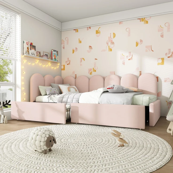 Tagesbett 90x200 cm Rosa Samt mit 2 Schubladen, Schlafsofa mit Stauraum, Polsterbett für Kinderzimmer & Gästezimmer – Bild 3