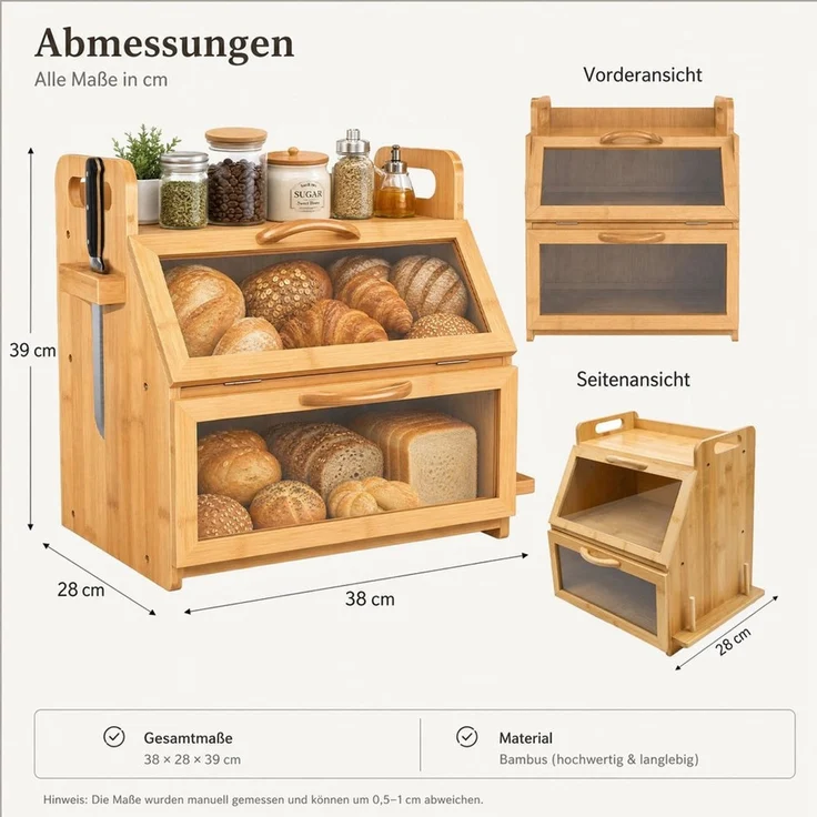 PFCTART Brotkasten Brotkasten XXL 38x28x39 cm – Großer Brotkasten aus Bambus, Bambus und Holz, (Set, 1-tlg, Für Brot, Baguette, Brötchen & Snacks – einfache Montage), 2 Etagen, Sichtfenster, Werkzeugablage & Messerhalter – Bild 3