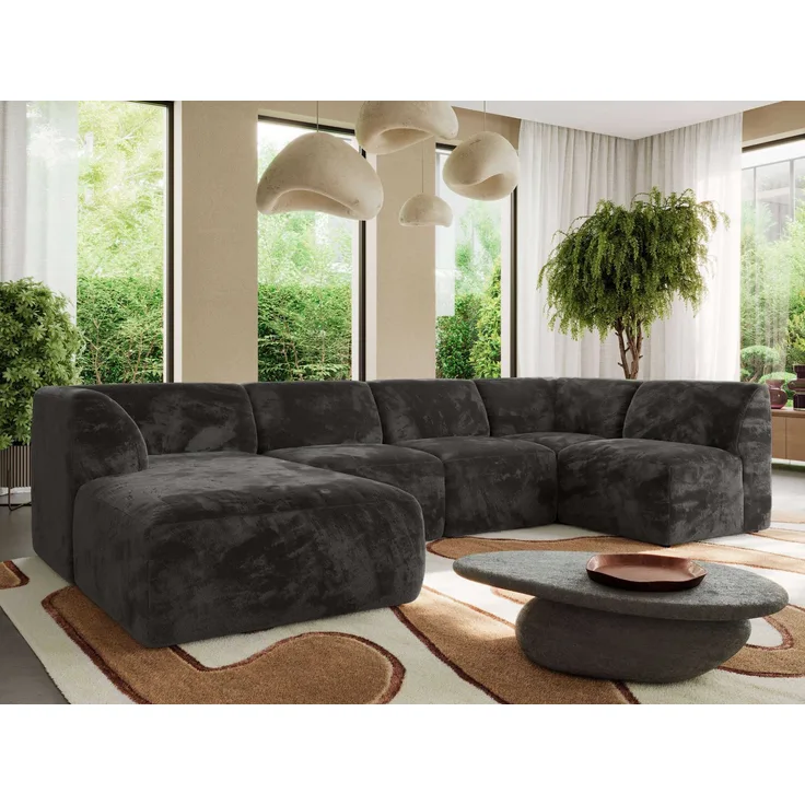 Modulares XXL-Ecksofa MODARO 5M, U-Form, Wohnlandschaft, 5-teilig, freistehend, Wohnzimmer Couch, HR-Schaumstoff - Dunkelgrau Plüsch - Links
