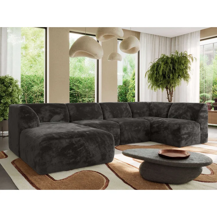 Modulares XXL-Ecksofa MODARO 5M, U-Form, Wohnlandschaft, 5-teilig, freistehend, Wohnzimmer Couch, HR-Schaumstoff - Dunkelgrau Plüsch - Links – Bild 1