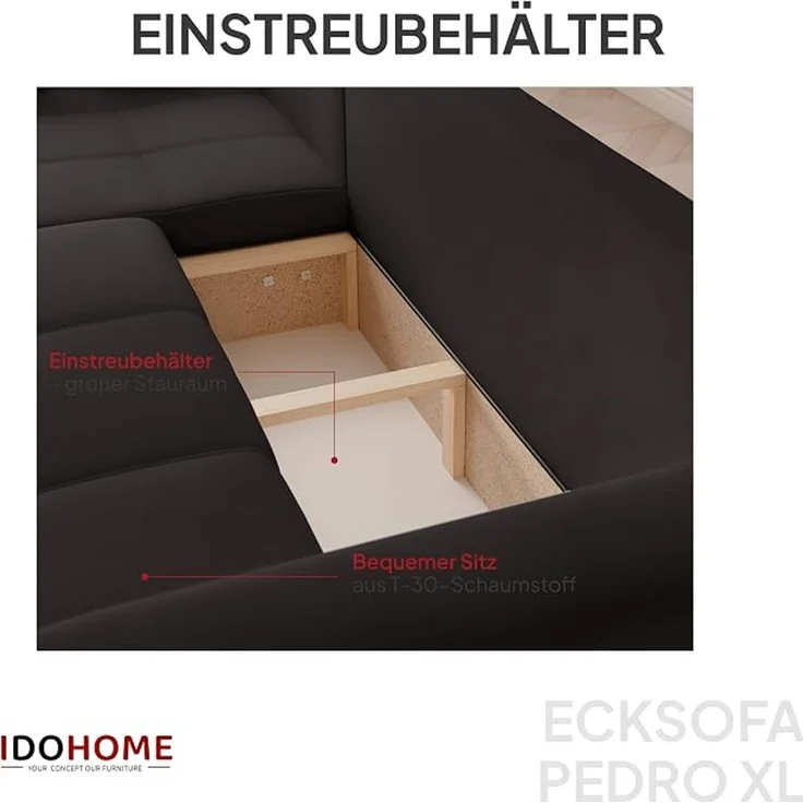 Modernes Ecksofa in L-Form (mit Schlaffunktion und Bettkasten); Maße: 278 x 145 x 79 cm; Liegefläche: 125 x 232 cm; frei im Raum aufstellbar; für 4 Personen geeignet. – Bild 4