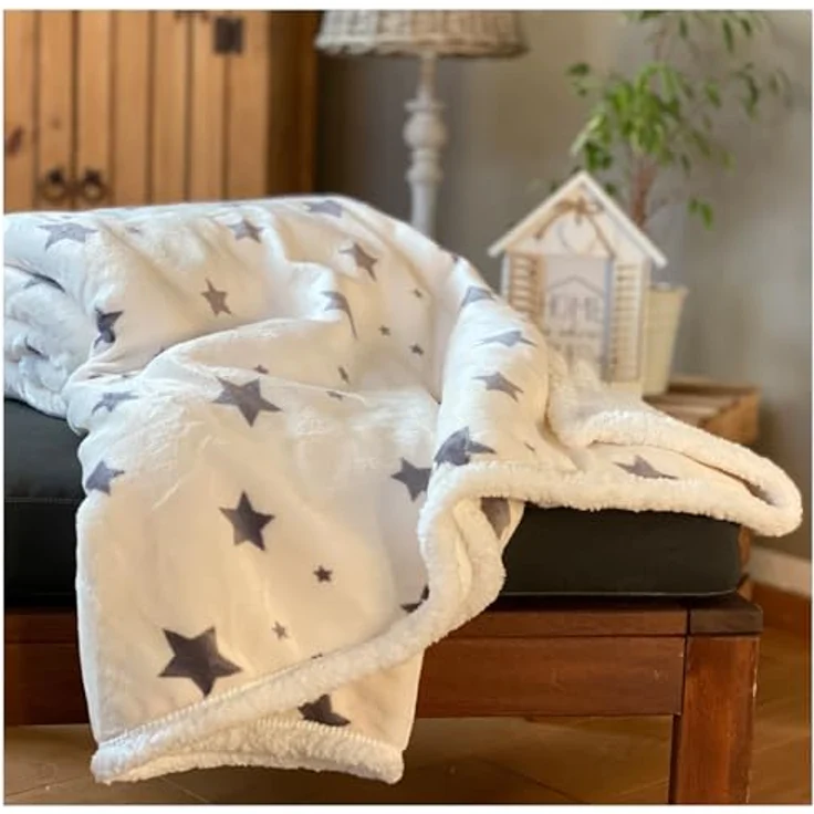 Wohndecke Soft Flanell Sterne Kuscheldecke mit Sherpa Fell, heimtexland, Sofadecke 150x200 I extra dick I warm I kuschelig weich – Bild 2