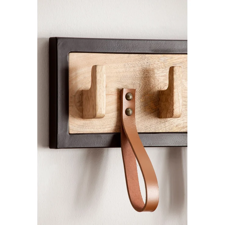 Wandgarderobe Mango Massivholz Echtleder 60x15x6cm Hakenleiste Metallrahmen – Bild 6
