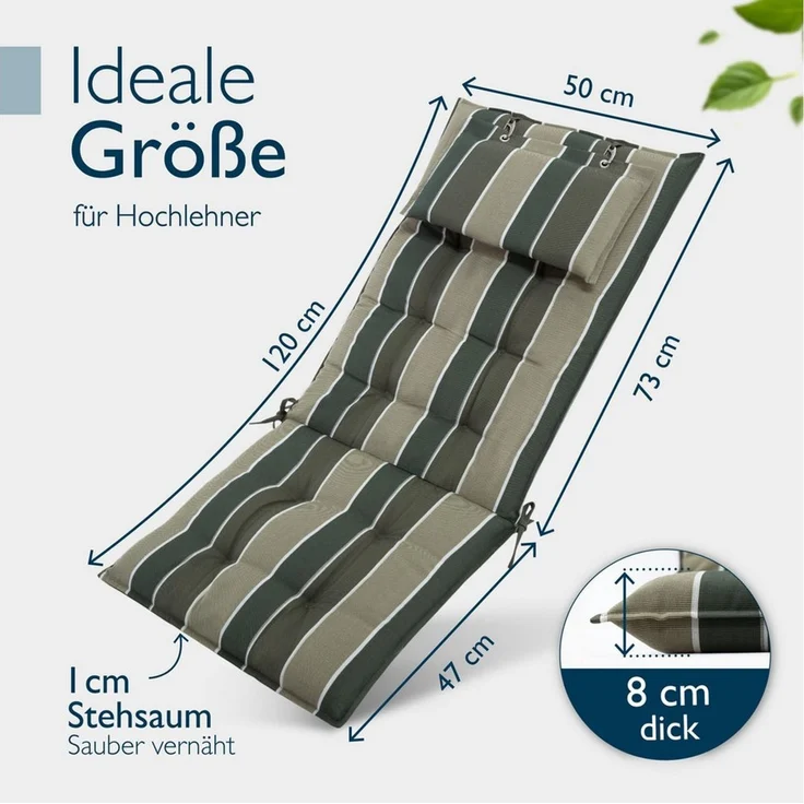 Beautissu Hochlehnerauflage Premium Hochlehner Auflage Kopfpolster Sun Sun-HL, 120x50cm, Grün, Mit Kopfpolster, rutschfest & robust – Befestigungsbänder, UV 5 – Bild 3