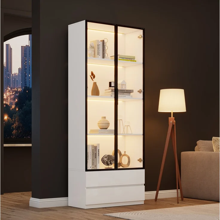 DESVIAE Regal-Vitrine Weiß aus Spanplatte – 80x200x34 cm – LED-Beleuchtung, 2 Schubladen – Bild 1