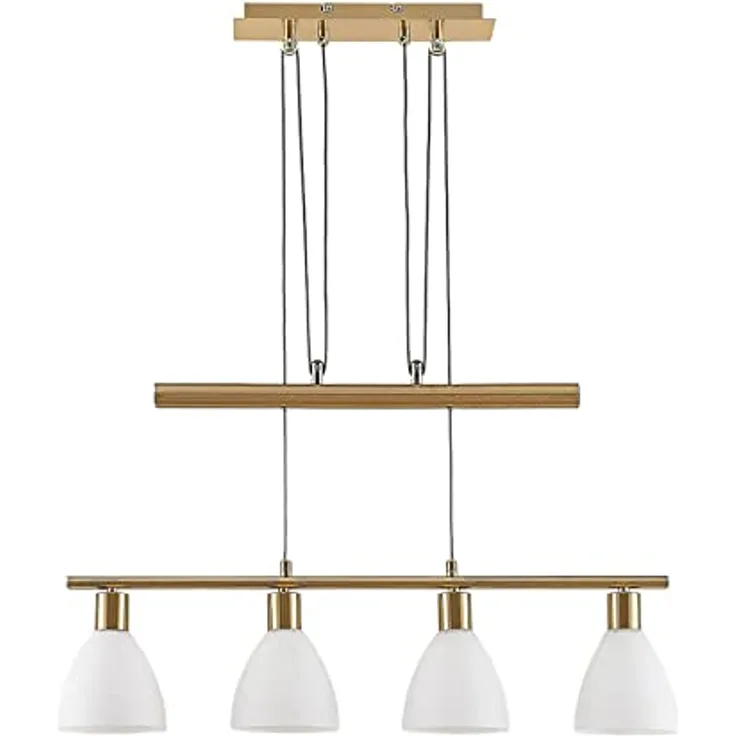 Lindby Hängelampe Simeon, vierflammige Balkenpendelleuchte, höhenverstellbar, messingfarben mit Glasschirmen, 73 cm, E14