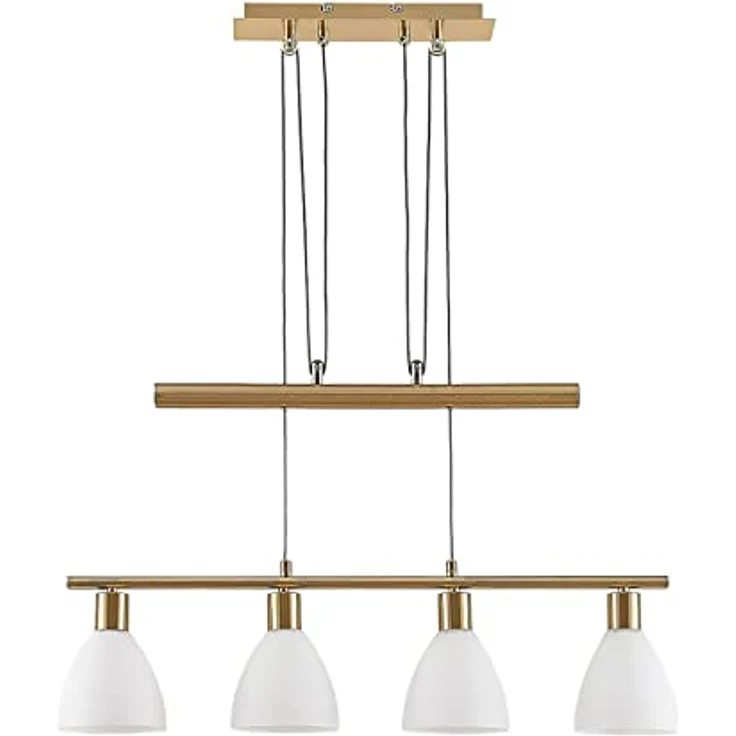 Lindby Hängelampe Simeon, vierflammige Balkenpendelleuchte, höhenverstellbar, messingfarben mit Glasschirmen, 73 cm, E14 – Bild 1