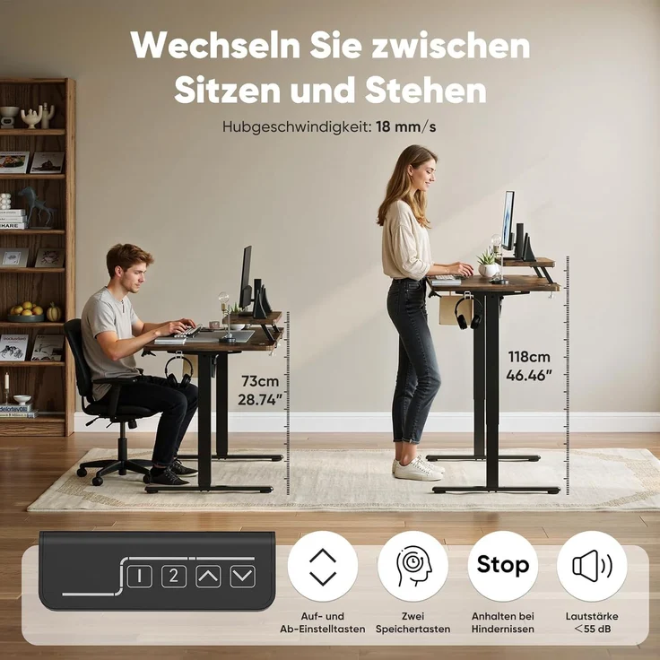 Sweetcrispy Höhenverstellbarer Schreibtisch mit Monitorständer, 140x60 cm Schreibtisch Höhenverstellbar Elektrisch, Ergonomischer Steh-Sitz Tisch, Computertisch Standing Desk, Vintagebraun – Bild 4