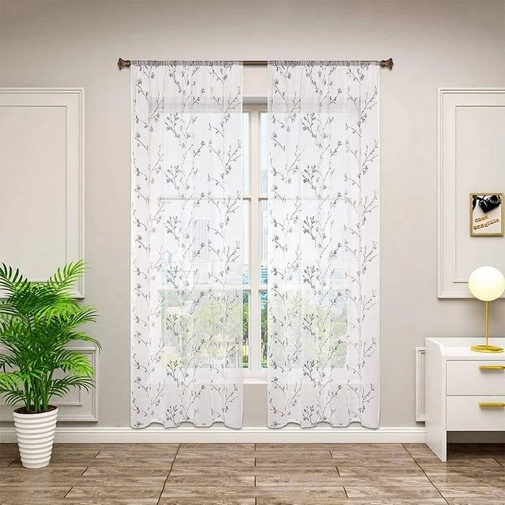 Woltu Gardine (2 St), halbtransparent, transparent Stickerei mit Kräuselband Leinen Optik – Bild 4
