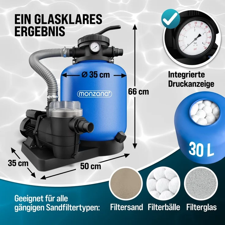 MONZANA® Sandfilteranlage SF110K, 13.200L/h bis 58.000L Pool, inkl Filterballs, 7 Wege Ventil, 2in1 Adapter, Ø32-38mm, 600W Filteranlage Pumpe Filterkessel – Bild 6
