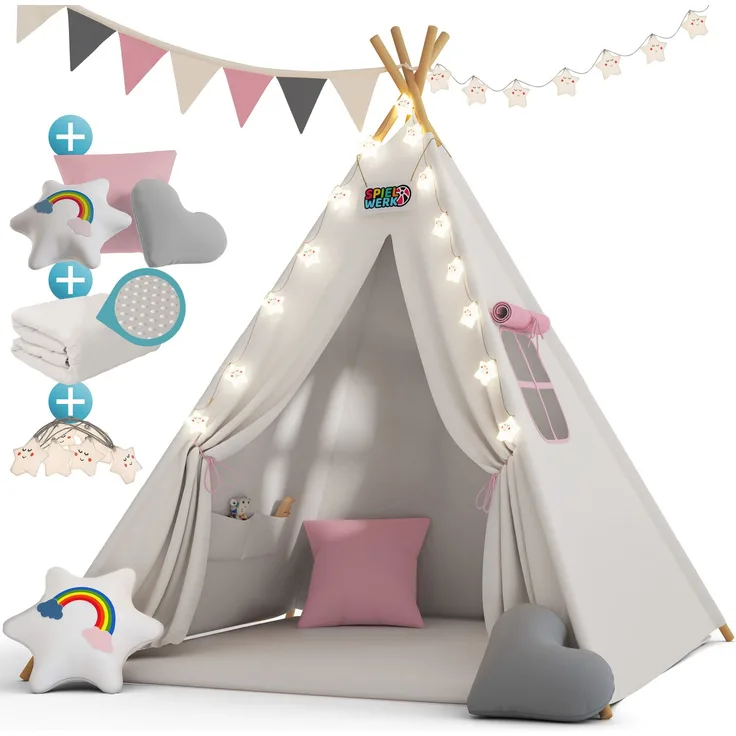 Spielwerk Kindertipi mit Lichterkette, Bodenmatte & Kissen, Baumwolle beige, 120 x 120 x 160 cm