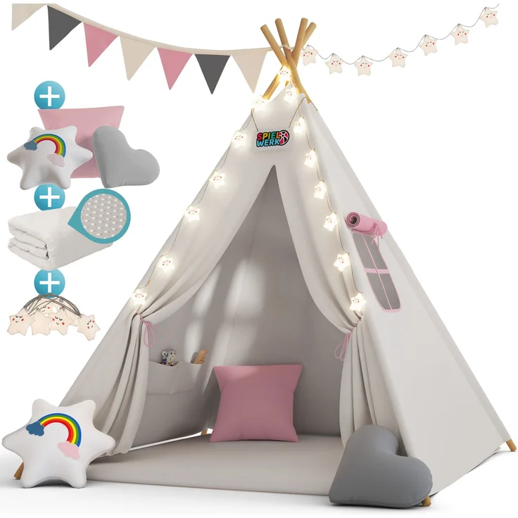 Spielwerk Kindertipi mit Lichterkette, Bodenmatte & Kissen, Baumwolle beige, 120 x 120 x 160 cm – Bild 1