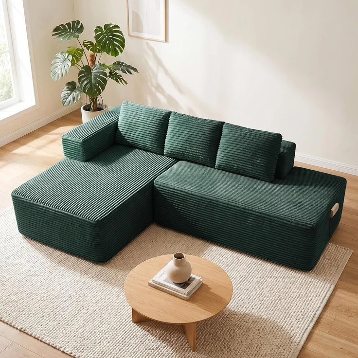 COMHOMA Ecksofa mit Schlaffunktion, 228cm Corduroy Modulares Boneless Couch mit Chaiselongue & Rücken-Metallgestell, L-Form Schlafsofa mit offenem Design, Kissen & Seitentaschen,für Wohnzimmer, Grün-R – Bild 1